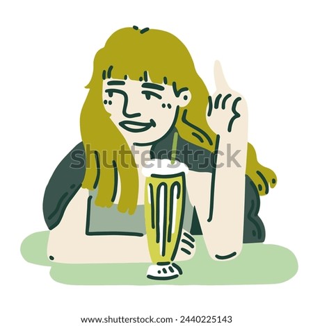 Vector flat illustration of green girl. Woman sitting in cafe, enyoing her drink at the table. Cute cartoon character design. 