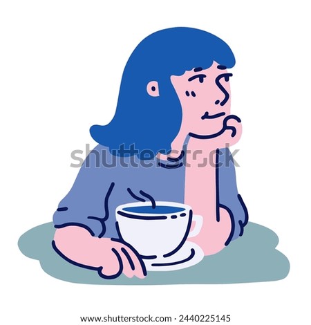 Vector flat illustration of blue girl. Woman sitting in cafe, enyoing her drink at the table. Cute cartoon character design. 