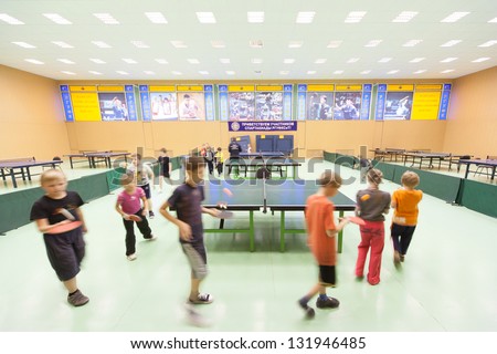 MOSCOW, RUSSIA OCT 23: Children\'s classes ping pong in Russian State University of Physical Culture, Sports and Tourism October 23, 2010 in Moscow, Russia.