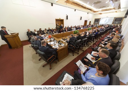 MOSCOW - MAR 21: Wide view on the hall and speaker on Round table Elections in Moscow on 4 March: were they free and fair in Moscow City Duma on March 21, 2012 in Moscow, Russia.