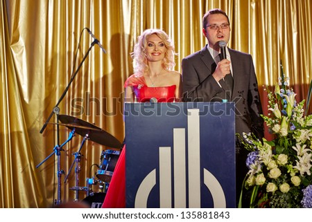 MOSCOW - MAY 29: Presenters on stage during annual ceremony of delivery of the national award Financial Olympus in Hotel Ritz-Carlton, May 29, 2012, Moscow, Russia.