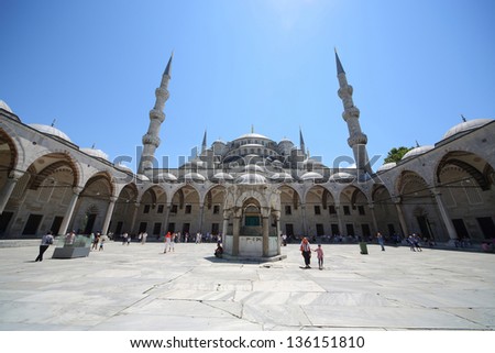 ISTANBUL - JUL 3: Sultanahmet Mosque (Blue Mosque) in front of Hagia Sophia Museum in Istanbul on July 3, 2012 in Istanbul, Turkey.