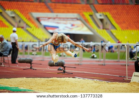 MOSCOW - JUN 11: Female athlete in long jump place at Grand Sports Arena of Luzhniki OC during International athletics competitions IAAF World Challenge Moscow Challenge, Jun 11, 2012, Moscow, Russia.