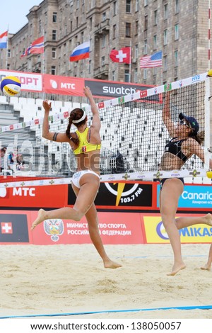 MOSCOW - JUNE 6: Women from Brazil play volleyball in Country Quota at tournament Grand Slam of beach volleyball 2012, on June 6, 2012 in Moscow, Russia.