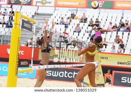 MOSCOW - JUNE 6: Brazil teams play volleyball in Country Quota at tournament Grand Slam of beach volleyball 2012, on June 6, 2012 in Moscow, Russia.