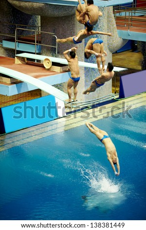 MOSCOW - APR 13: (Serial shots) Sportsman jumps from diving-tower in Pool of SC Olympic on day of third phase of World Series of FINA Diving, April 13, 2012, Moscow, Russia.