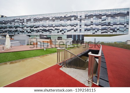 MOSCOW - AUG 20: Outdoor Disk area in Russian Business School Skolkovo - analog of Silicon Valley, August 20, 2012, Moscow, Russia. Disk is a ground of Campus and basis of its functionality.
