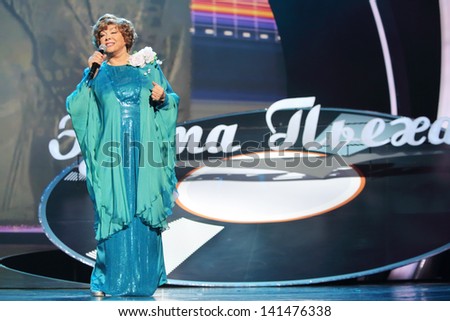MOSCOW - OCTOBER 14: Happy Edyta Piecha sings at her anniversary concert in Kremlin Palace, on October 14, 2012 in Moscow, Russia. 6000 people came to concert of Edita Piecha.