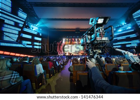 MOSCOW - OCTOBER 14: Videographer works at anniversary concert of Edita Piecha in Kremlin Palace, on October 14, 2012 in Moscow, Russia. Famous Russian singer Edita Piecha sings on stage 55 years.