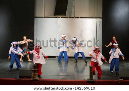 MOSCOW - OCT 18: A scene with sailors at open rehearsal of the musical Treasure Island in the Concert Hall Izmailovo on October 18, 2012 in Moscow, Russia.
