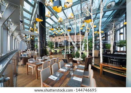 MOSCOW - JAN 2: The modern interior of restaurant Sixty on January 2,2012 in Moscow, Russia. Restaurant Sixty is highest restaurant in Europe.