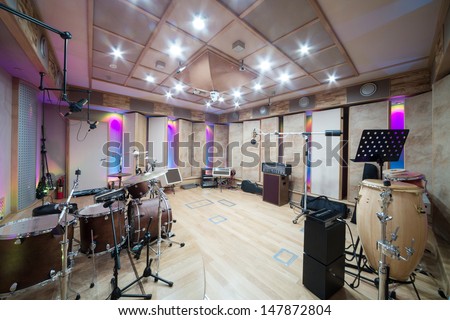 MOSCOW - DEC 25: Empty room with music equipment in Recording Studio Nautilus on December 25, 2012 in Moscow, Russia.