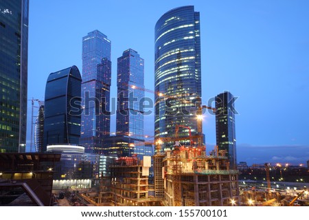 MOSCOW - APRIL 21: Moscow-City under construction at evening on April 21, 2013 in Moscow. Located near Third Ring Road, Moscow-City area is currently under development.