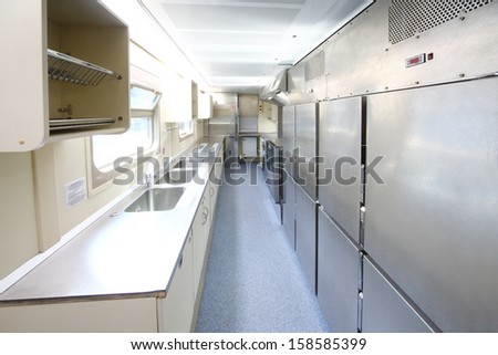 TVER - JUN 05: The kitchen in the restaurant car in the train, on June 05, 2013 in Tver, Russia.