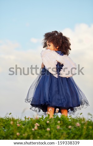 Little girl in dark-blue gown with angel wings on her back stands looking back on grassy meadow against cloudy sky