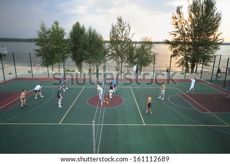 SAMARA, RUSSIA - JULY 7: Top view of people playing volleyball on the sports field at the Riverside, July 7, Samara