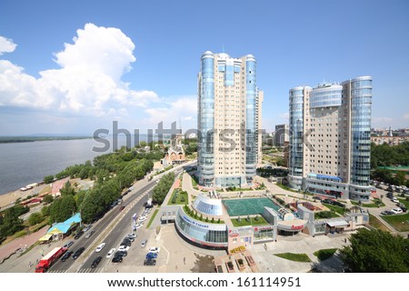 SAMARA, RUSSIA - JULY 7: View of the apartment complex Ladya, July 7, Samara. The complex is located in the heart of the city of Samara on the Volga river
