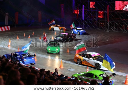 MOSCOW - MAR 02: Countries introduction on festival extreme sports Breakthrough 2013 in Olympic Sports Complex, Mar 02, 2013, Moscow, Russia. It is an exciting show of best drivers from all around the world.
