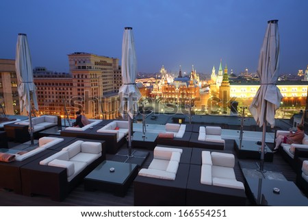 MOSCOW - MAY 3: A restaurant O2 Lounge overlooking the Red Square on the roof of the hotel The Ritz-Carlton at night, May 3, 2013, Moscow, Russia.
