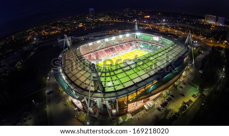 MOSCOW - OCT 21: Night view from unmanned quadrocopter to Lokomotiv Stadium with football field and spectators on October 21, 2013 in Moscow, Russia.