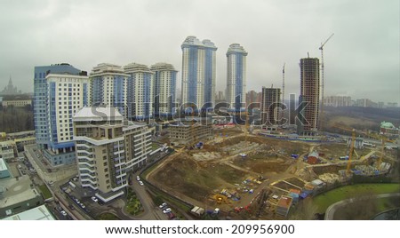 MOSCOW, RUSSIA - NOV 22, 2013: Residential complex Vorobyovy Gory and construction site of residential complex Dolina Setun, aerial view. Complex located on the right bank of the Moskva River