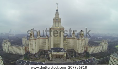 Main building of Moscow State University named after Mikhail Lomonosov, aerial view