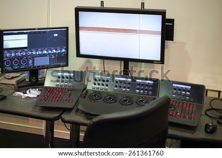 MOSCOW - MAR 12, 2014: Equipment for mounting movie with a monitor, software and control panel
