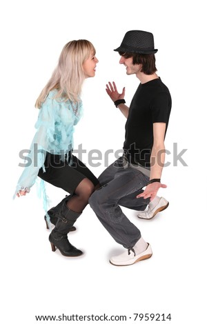 boy in black hat dances with girl in cyan blouse on white 2