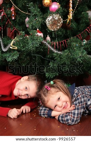 two children under christmas tree