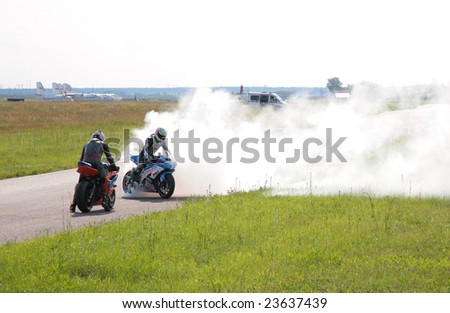MOSCOW, RUSSIA - JUNE 22: Bike in smoke during the Championship of Russia 2008. The Championship of Russia is an annual motor sports event of international reputation and took place June 22, 2008.