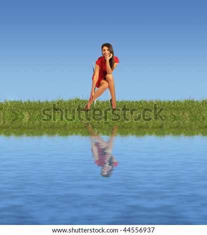woman in red clothes sitting on chair on grass near water collage