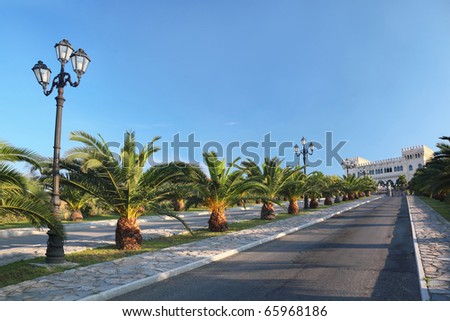 View on  palace at  end of street with palms and lanterns