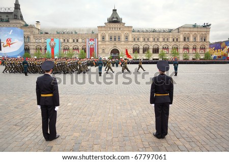 MOSCOW - MAY 6: Soldiers rank participate in rehearsal in honor of Great Patriotic War victory on Red Square on May 6, 2010 in Moscow, Russia