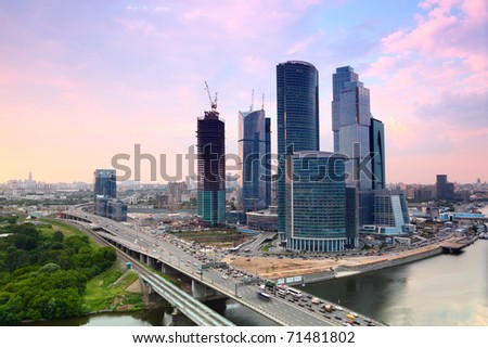 panorama of Moscow City complex of skyscrapers in Moscow, Russia, sunset, evening