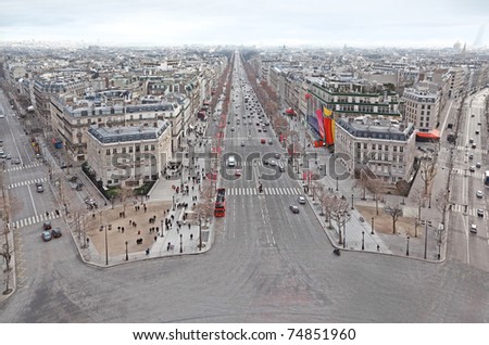 beautiful panorama from Arc de Triomphe, Champs-Elysees in Paris, France