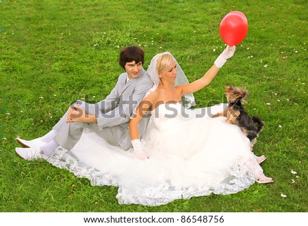 Beautiful young groom and bride wearing white dress sitting on green grass; bride play with small dog and red balloon