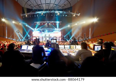 MOSCOW - FEB 2: Operators at control panels at Second National Premium in field of digital television \