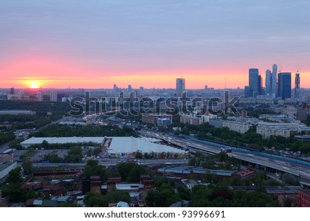 MOSCOW - MAY 15: Sunset and panorama of city, on May 15, 2011 in Moscow, Russia. Moscow authorities have banned the installation of advertising designs on facades of buildings and fences.