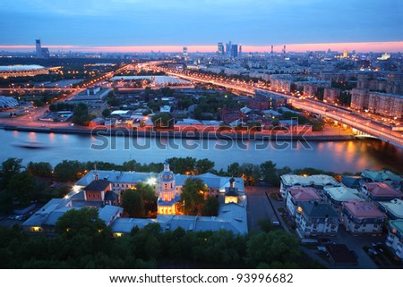 Beautiful pink sunset, panorama of Moscow, Moscow river, Andreevsky Monastery