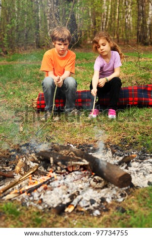Two children sit around campfire and poke by sticks into ashes
