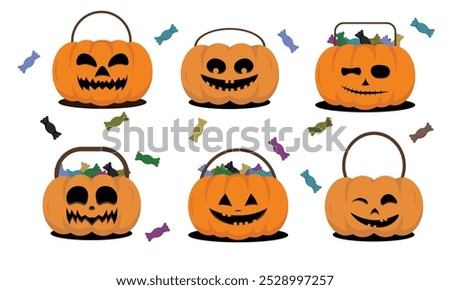 Halloween pumpkin jack o' lantern buckets. Trick or treat bags filled with sweets, pumpkin bucket with candies and candy hunt pack cartoon vector Illustration set of Halloween candy bag or basket grep