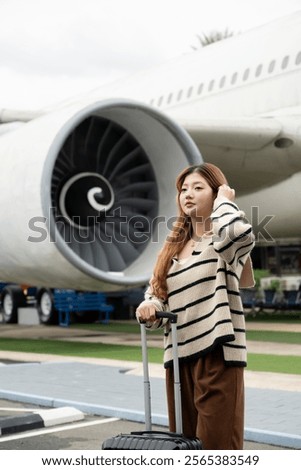 Similar – Image, Stock Photo Female passenger carrying the hand luggage bag, walking the airplane boarding corridor.