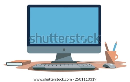 Computer Monitor blank display screen with flower pot and pencil box. Desktop, pc, laptop flat vector illustration