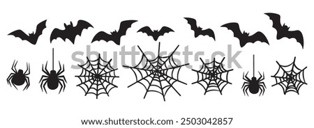 Set of bats, spiders, and cobwebs isolated on white. Vector illustration of traditional Halloween decorative elements, featuring black spider and web silhouettes for design decor.