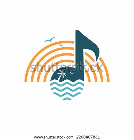 Musical note with wave, palm tree and sun icon vector