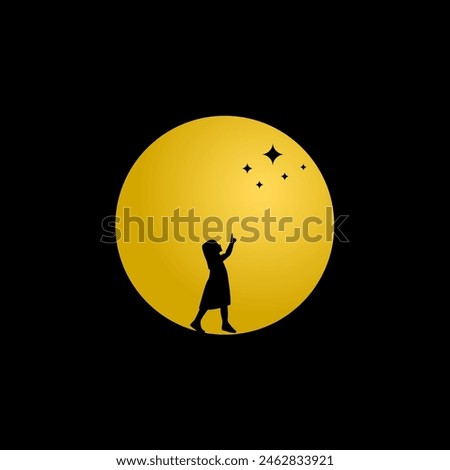 little girl pointing stars at with full moon   background