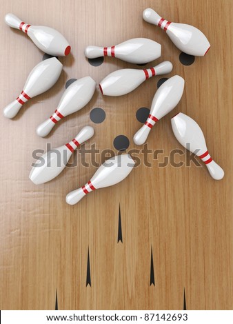 Ten Bowling pin on hardwood floor, Lying down.
