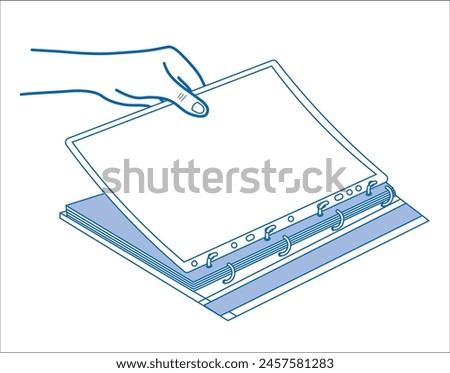 Blue line art illustration of a hand flipping a page in a ring-bound notebook, depicting an action common in study and office environments