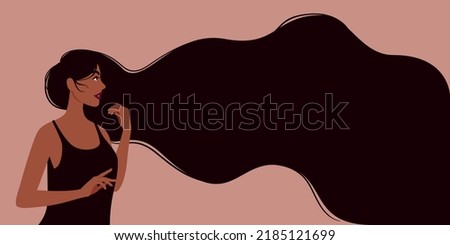 Brunette with flowing hair. Woman with long dark hair. The girl stands in profile. Coffee color scheme. Template for beauty salon, hair salon, shampoo or Women's Day, 8th March. 