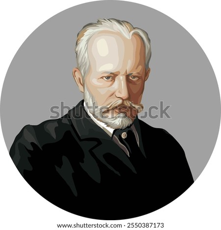 Vector portrait of the world-renowned composer Pyotr Ilyich Tchaikovsky, inspired by the painting of N. Kuznetsov, XIX century